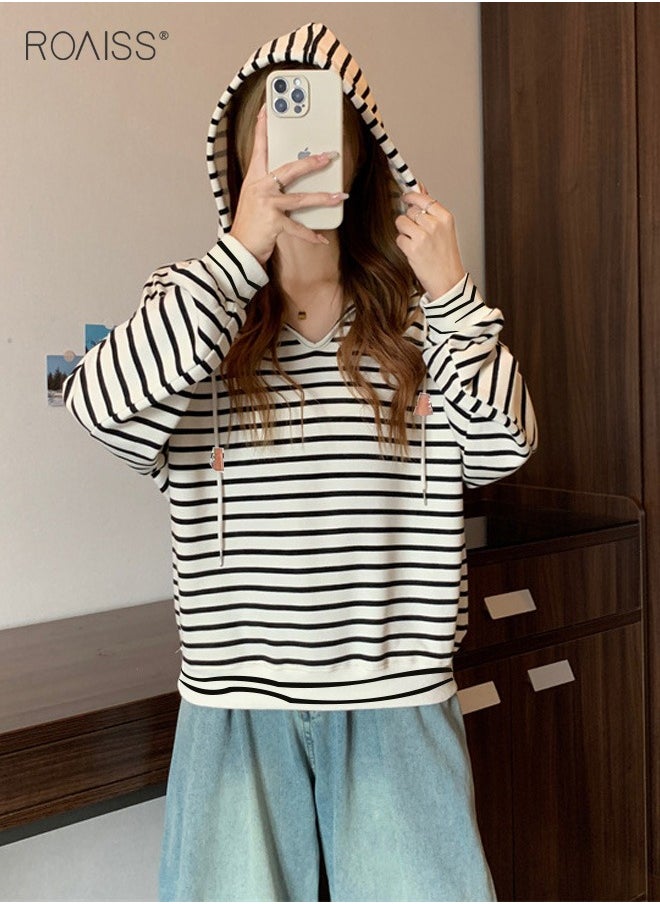 roaiss - Women'S Casual Loose Hooded Pullover Classic Horizontal Stripe Hoodie Top With Short Front And Long Back - Image 1
