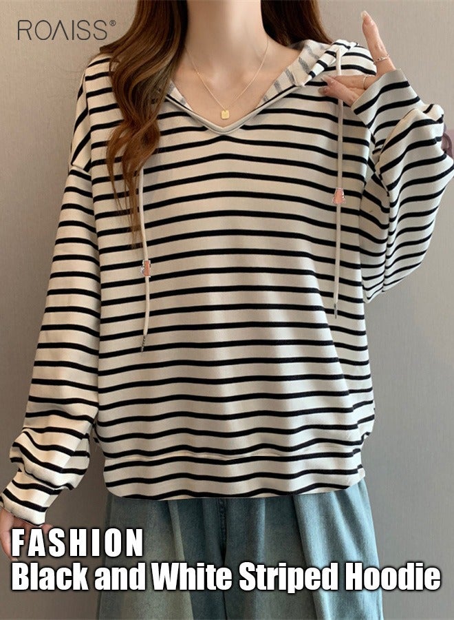 roaiss Women'S Casual Loose Hooded Pullover Classic Horizontal Stripe Hoodie Top With Short Front And Long Back - Image 1