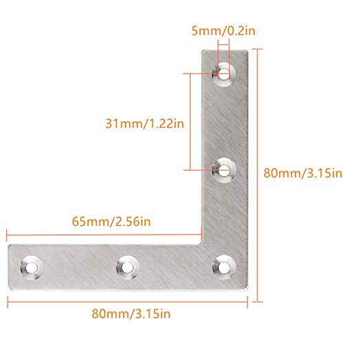 Tiberham Flat L Shaped Corner Bracket Tiberham 10 Pcs 80 x 80 mm Stainless Steel Right Angle Corner Brace Repair Plate Heavy Duty Furniture Fastener Joint Corner Connector for Wood Shelf Cabinet Table Chair - Image 3