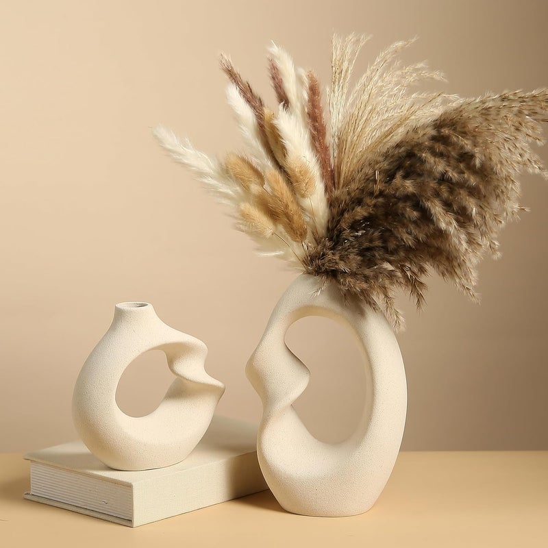 PUREZENTO Unique White Ceramic Donut Vase 85 57 Inch Set of 2 Decorative Donut Vase for Dried Flowers Pampas Grass Vases for Modern Home Decor Living Room Office Decor Ideas - Image 1