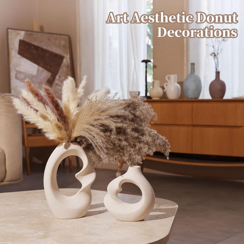 PUREZENTO Unique White Ceramic Donut Vase 85 57 Inch Set of 2 Decorative Donut Vase for Dried Flowers Pampas Grass Vases for Modern Home Decor Living Room Office Decor Ideas - Image 4