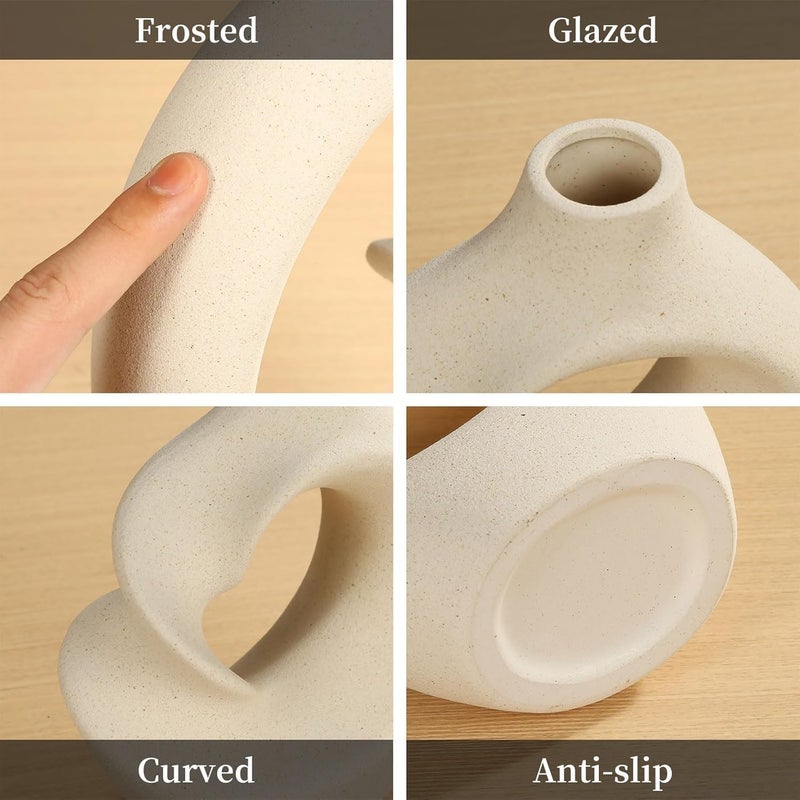 PUREZENTO Unique White Ceramic Donut Vase 85 57 Inch Set of 2 Decorative Donut Vase for Dried Flowers Pampas Grass Vases for Modern Home Decor Living Room Office Decor Ideas - Image 3