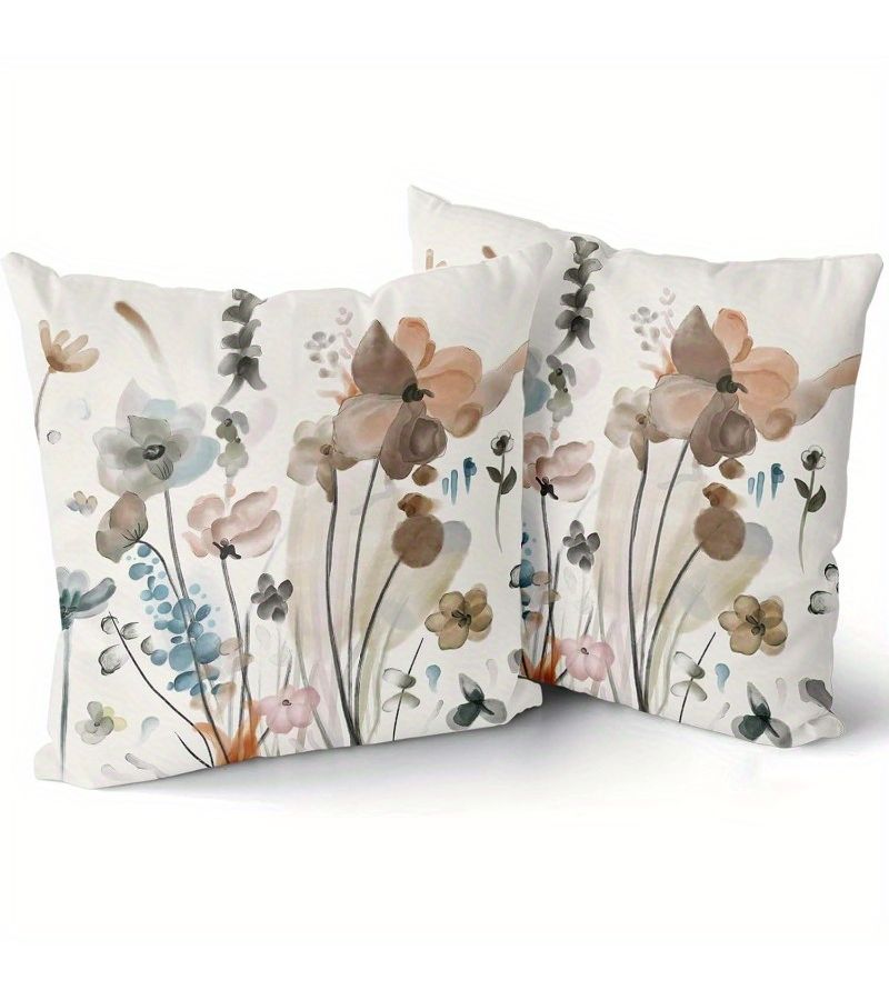 Set Of 2 Short Floral Plush Pillow Covers 18x18 For Rustic Modern Decor - Image 2
