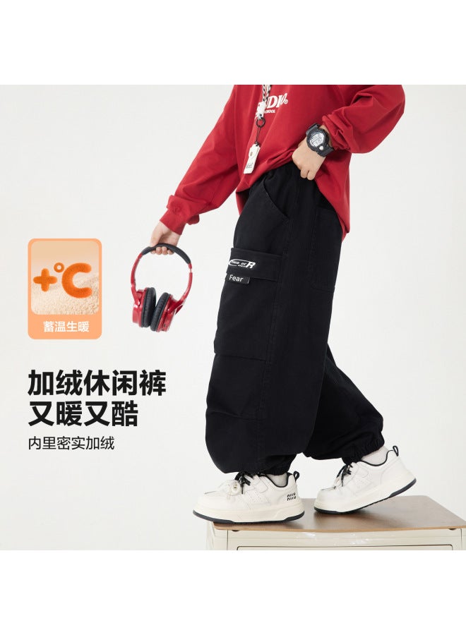 Boys' Autumn And Winter Outdoor Fleece-lined Cargo Pants  New Children's Thick Straight Pants For Middle School Students