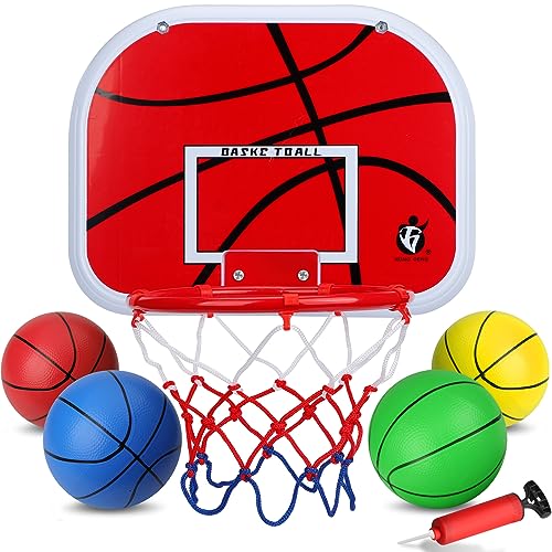 Amarlozn Mini Indoor Basketball Hoop Set for Kids Wall Mount Basketball Hoop Over Door with 4 Small Replacement Basketballs ABS Backboard Metal Rim Goal Sport Party Activity Toys for Office Room Pool - Image 1