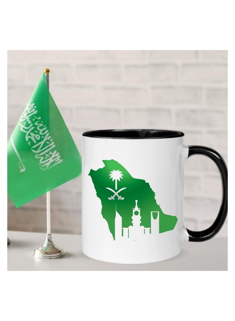 إم إي سي المملكة العربية السعودية وكوب العلم للمملكة العربية السعودية كوب قهوة مطبوع باليوم الوطني السعودي بمقبض أسود 11 أونصة - Image 2