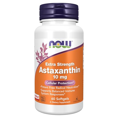 NOW Foods Supplements Astaxanthin 10mg Extra Strengthderived from NonGMO Haematococcus Pluvialis Microalgae and has naturally occurring Lutein Canthaxanthin and BetaCarotene 60 Softgels