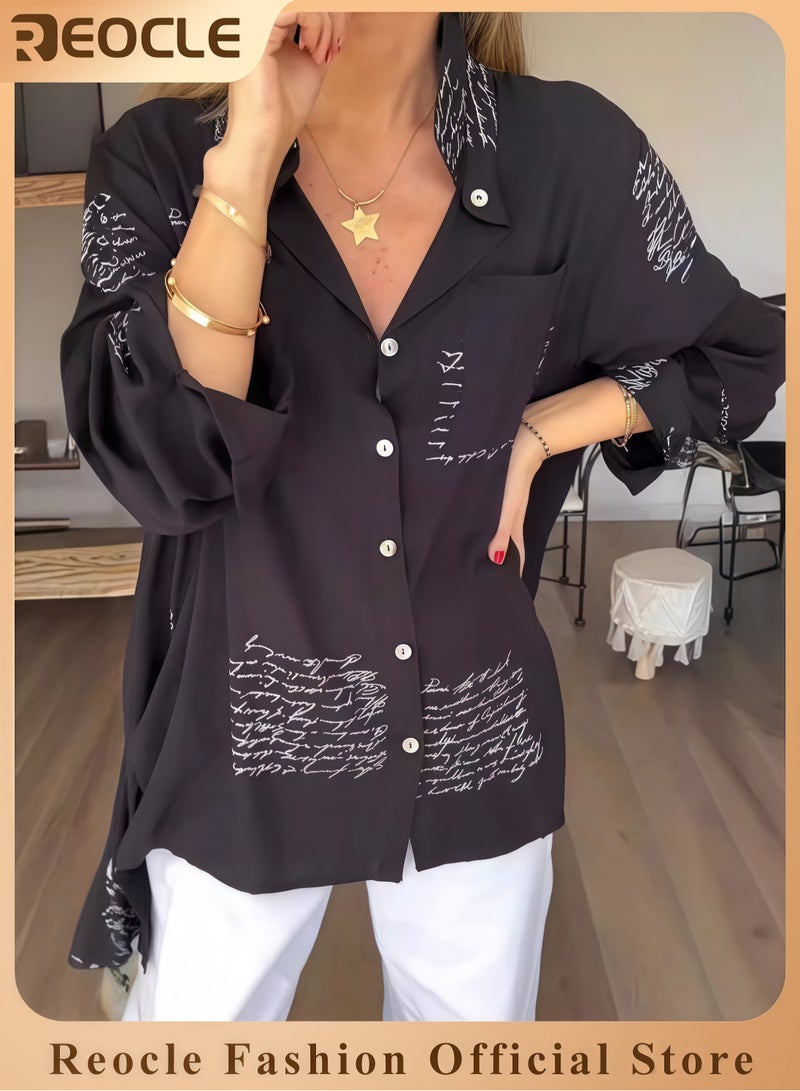 ريوكل قميص نسائي قميص موضة بطبعة حروف وياقة قميص بأكمام طويلة بطبعة صحف وأزرار قميص كاجوال فضفاض، قميص بأكمام طويلة وأنيق - Image 1