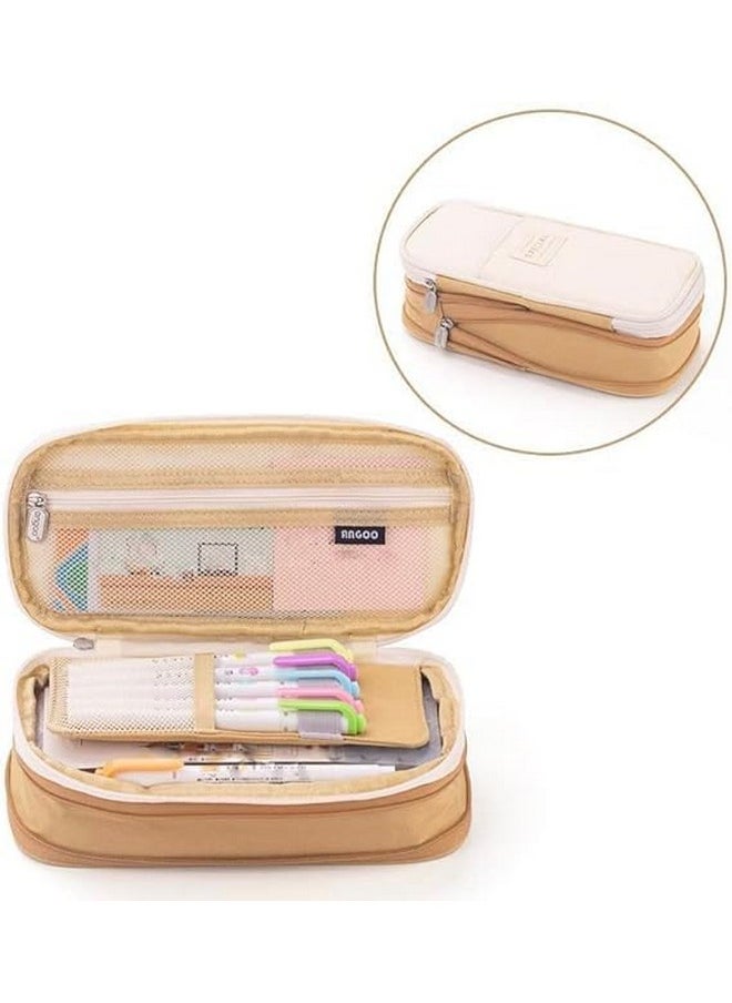 EASTHILL - EASTHILL Canvas Big Capacity Pencil Pen Case Office College School Large Storage High Capacity Bag Pouch Holder Box Organizer (Khakhi), Brown - Image 1