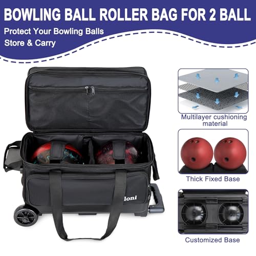 Goloni Double Roller 2 Ball Bowling Bag with Separate Shoe Compartment,2 Ball Bowling Bag with Wheels,Retractable Handle Extends to 40" - Image 2