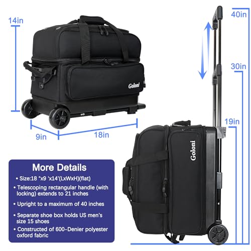 Goloni Double Roller 2 Ball Bowling Bag with Separate Shoe Compartment,2 Ball Bowling Bag with Wheels,Retractable Handle Extends to 40" - Image 5