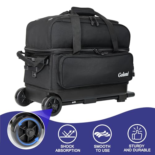 Goloni Double Roller 2 Ball Bowling Bag with Separate Shoe Compartment,2 Ball Bowling Bag with Wheels,Retractable Handle Extends to 40" - Image 4