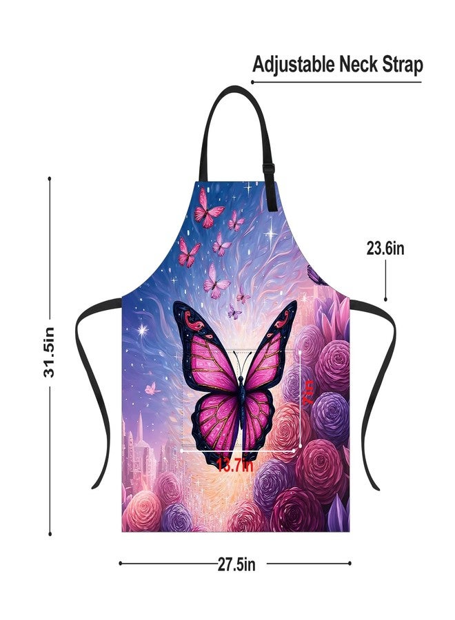 THISFIND Dreamy Butterfly & Rose Apron with Two Pockets Adjustable for Women - Purple Butterflies, Roses & Galaxy for Romantic Dinner, Date Night Cooking, Whimsical Baking - Image 5