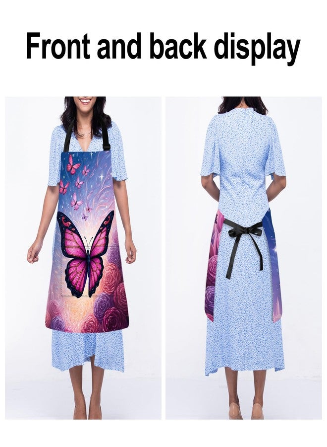 THISFIND Dreamy Butterfly & Rose Apron with Two Pockets Adjustable for Women - Purple Butterflies, Roses & Galaxy for Romantic Dinner, Date Night Cooking, Whimsical Baking - Image 4