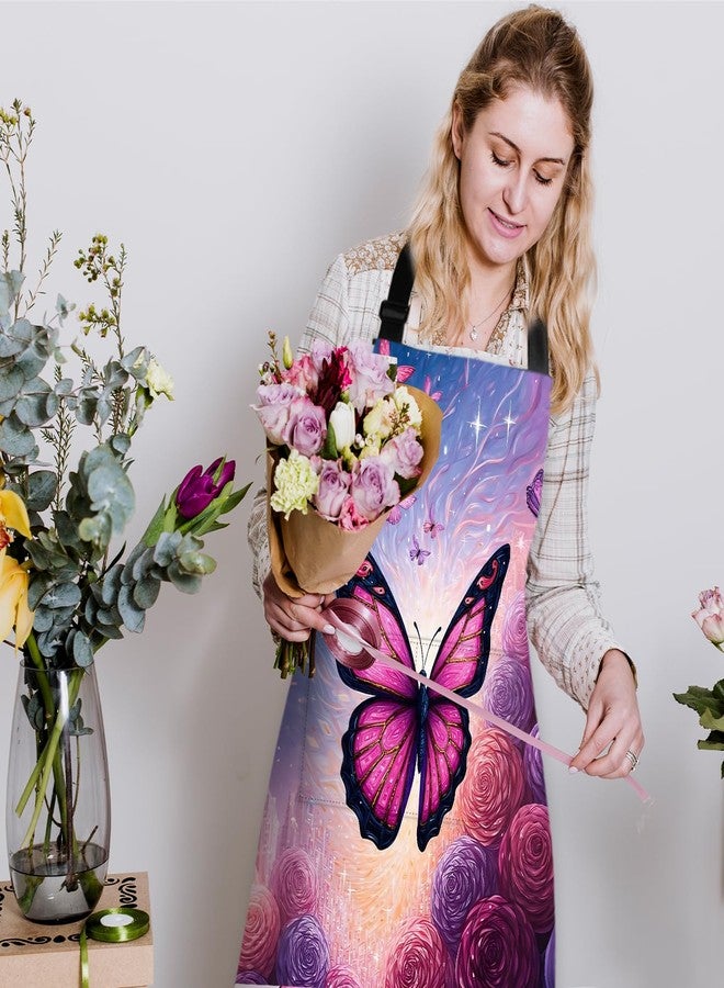 THISFIND Dreamy Butterfly & Rose Apron with Two Pockets Adjustable for Women - Purple Butterflies, Roses & Galaxy for Romantic Dinner, Date Night Cooking, Whimsical Baking - Image 3