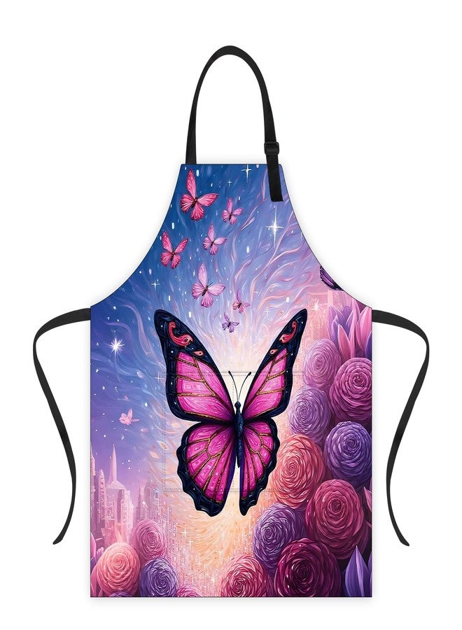 THISFIND Dreamy Butterfly & Rose Apron with Two Pockets Adjustable for Women - Purple Butterflies, Roses & Galaxy for Romantic Dinner, Date Night Cooking, Whimsical Baking - Image 1