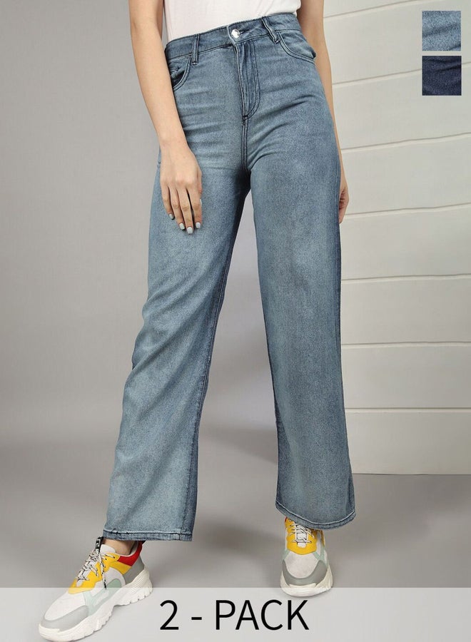 مرفوعة جينز نسائي أزرق واسع الساق بتصميم باهت - Image 1