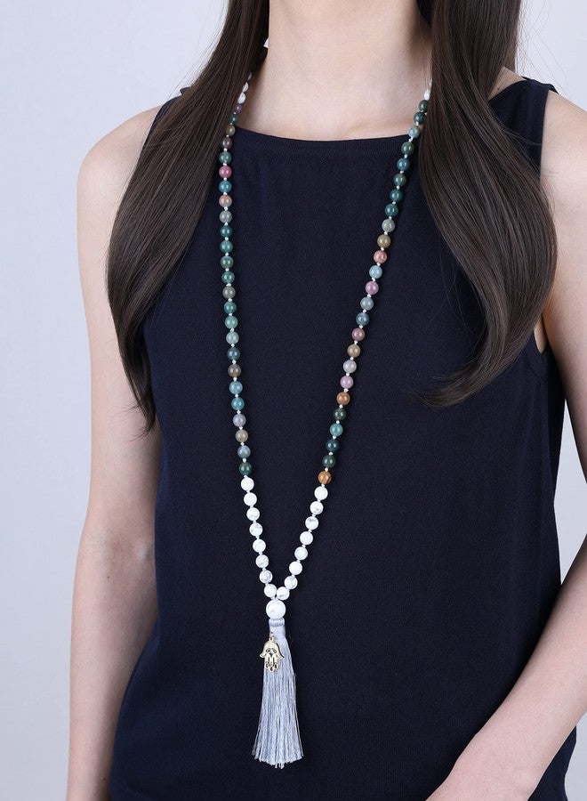 COAI Hand Knotted Tassel Howlite Indian Agate Stone 108 Beads Japa Mala Necklace Beaded Necklace - Image 2