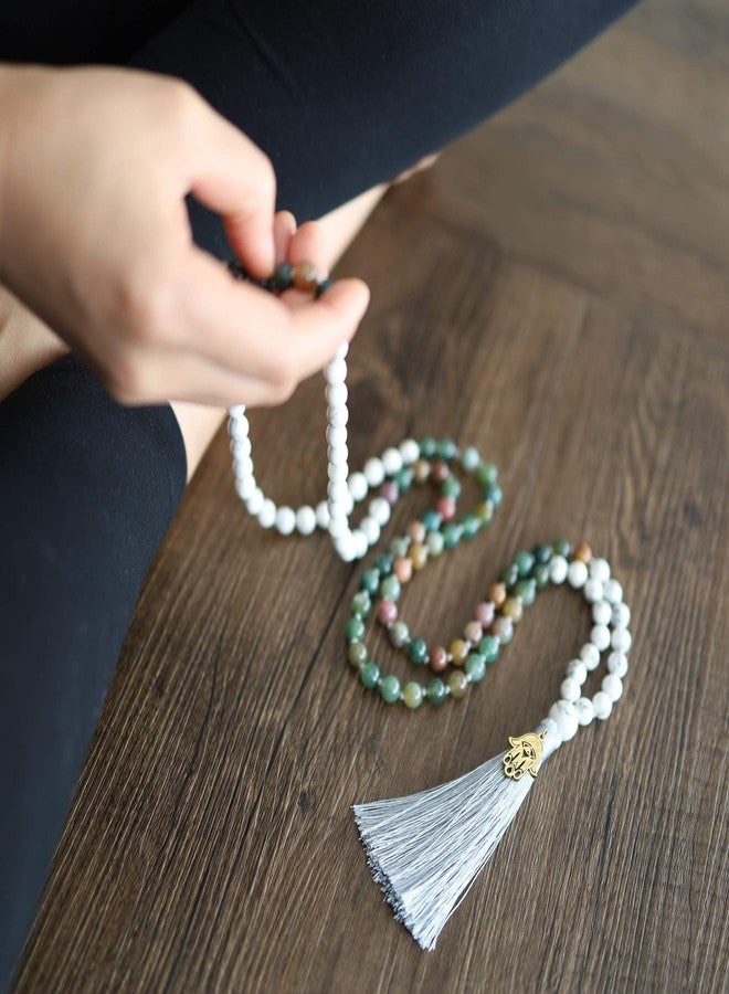 COAI Hand Knotted Tassel Howlite Indian Agate Stone 108 Beads Japa Mala Necklace Beaded Necklace - Image 4