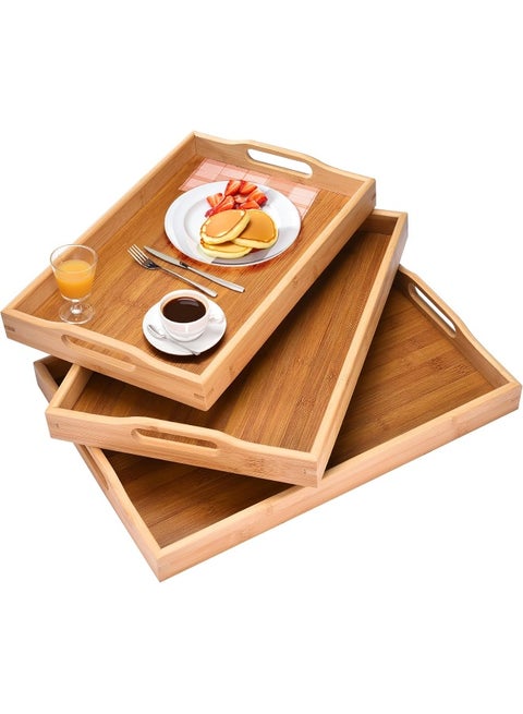 3-Piece Bamboo Wooden Serving Trays, Wooden Tray With Handles, Set Of 3 Bamboo Nesting Trays, Large, Medium And Small Trays For Food- Good For Parties Or Bed Tray