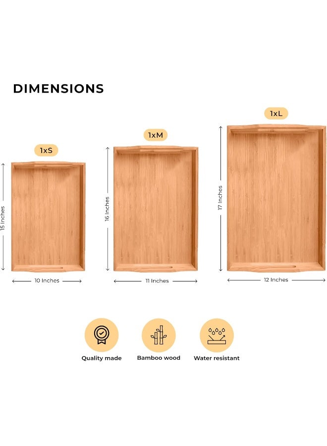 MOMENT 3-Piece Bamboo Wooden Serving Trays, Wooden Tray With Handles, Set Of 3 Bamboo Nesting Trays, Large, Medium And Small Trays For Food- Good For Parties Or Bed Tray  - Image 3