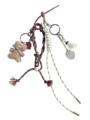 QTKJ Brown Plush Bear Cute Keychain, Bag Charm, Hand-Woven Nylon Rope Key Chain, Aesthetic Keychain, Bag Accessories Charms for Handbag, Backpack - Image 1