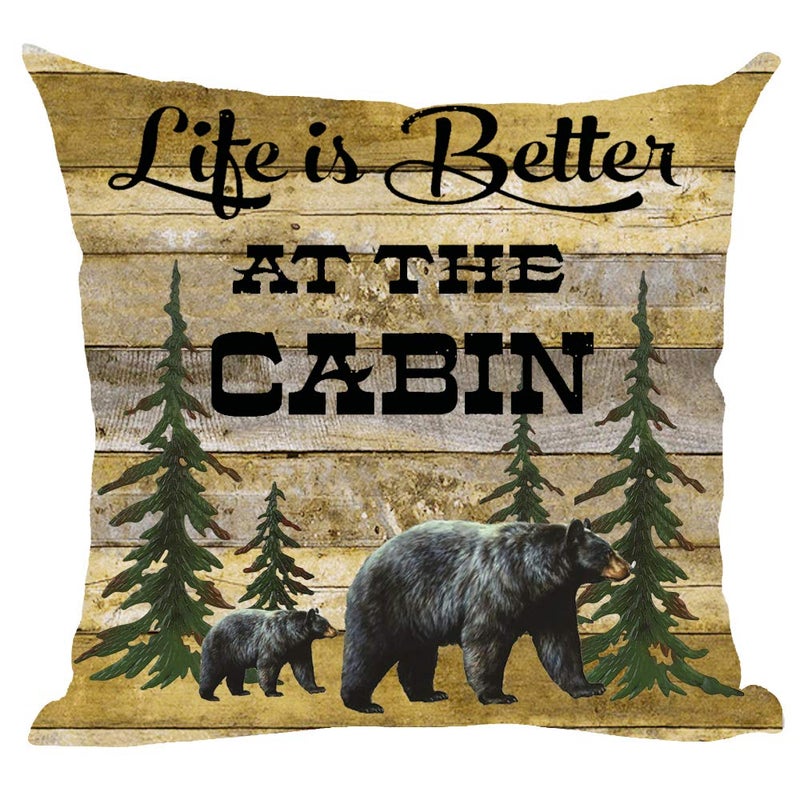 Ramirar Black Bear Life is Better at The Cabin Forest Tree Field Retro Brown Wood Background Decorative Throw Pillow Cover Case Home Living Room Bed Sofa Car Cotton Linen Square 18 x 18 Inches