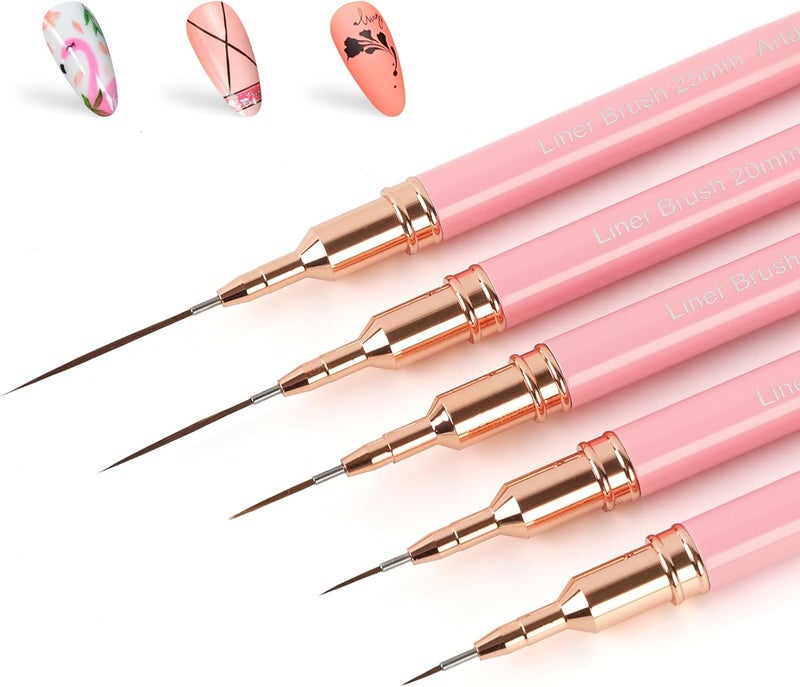 Artdone -Metallic Nail Art Pens, Eyeliner Brush Set, 5 Pieces Pink Nail Tools for Long Lines, Fine Details, Fine Drawing, Outlined Brush - Image 1