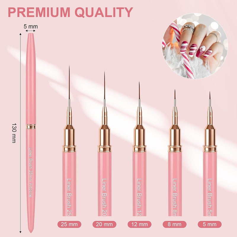 Artdone -Metallic Nail Art Pens, Eyeliner Brush Set, 5 Pieces Pink Nail Tools for Long Lines, Fine Details, Fine Drawing, Outlined Brush - Image 2