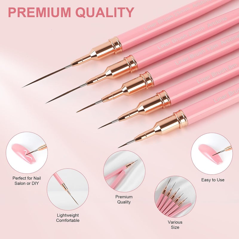 Artdone -Metallic Nail Art Pens, Eyeliner Brush Set, 5 Pieces Pink Nail Tools for Long Lines, Fine Details, Fine Drawing, Outlined Brush - Image 3