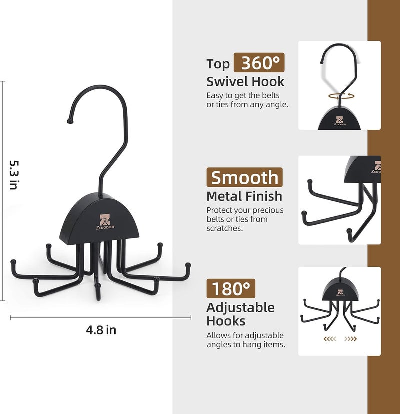 ZEDODIER 2 Pack Tie Hanger & Belt Organizer, Rotatable Tie Rack Space Saving Tie Holder with 16 Adjustable Hooks for Closet Organizers and Storage, Sturdy Belt & Tie Collection Storage, Black - Image 5