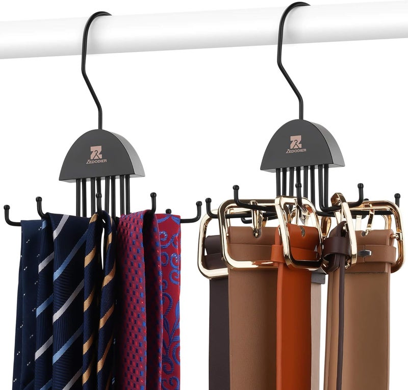 ZEDODIER 2 Pack Tie Hanger & Belt Organizer, Rotatable Tie Rack Space Saving Tie Holder with 16 Adjustable Hooks for Closet Organizers and Storage, Sturdy Belt & Tie Collection Storage, Black - Image 1