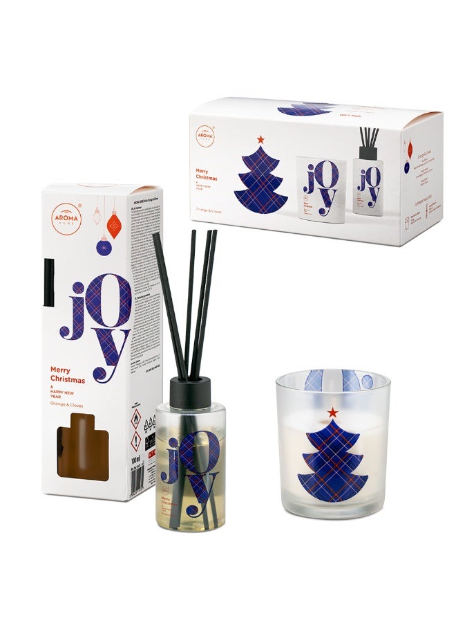 Aroma Home Joy Meri Christmas & New Year Orange & Cloves Gift Set, Scented Reed Diffuser 100ml & Candle 150g, Red, Made in Poland - Image 1