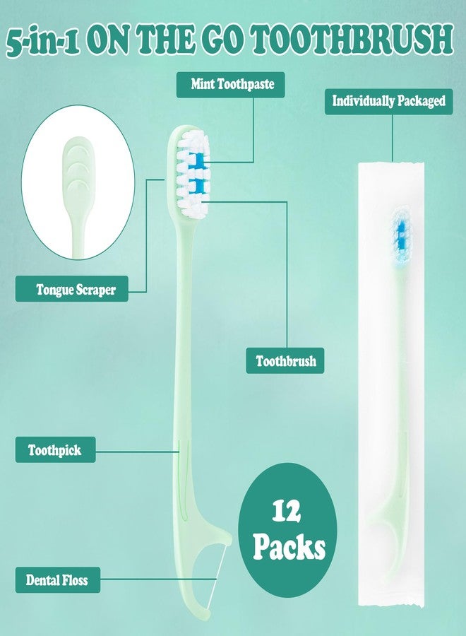 Lakeyface 5-in-1 Travel Toothbrush Set, Prepasted Disposable Mini Toothbrushes with Toothpaste + Tongue Scrapers + Floss + Pick for Work or Travel, Individually Wrapped, Mint, 12 Pack - Image 3