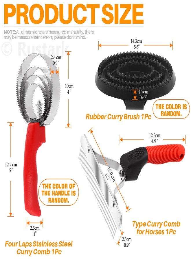 Rustark 3pcs Reversible Stainless Steel Curry Grooming Set with 4 Rings: Large Rubber Comb, Scotch Type Comb, Metal Brush for Cows, Sheep, Dogs, Goats, Horses - Image 2