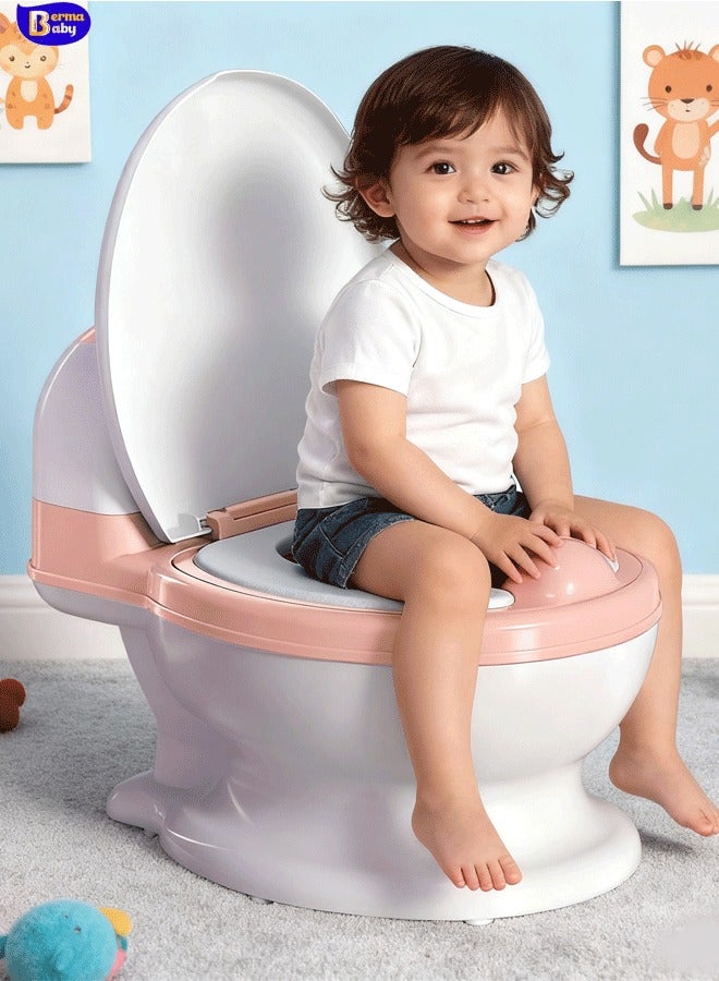 Berma Baby مرحاض تدريب على استخدام المرحاض بحجم طفل، مرحاض واقعي للتدريب على استخدام المرحاض، كرسي مرحاض للأطفال الصغار مع مقعد ناعم، وعاء مرحاض قابل للإزالة، موزع مناديل المرحاض وواقي من الرذاذ، غير قابل للانزلاق للأطفال الصغار والرضع والأطفال باللون الوردي - Image 1
