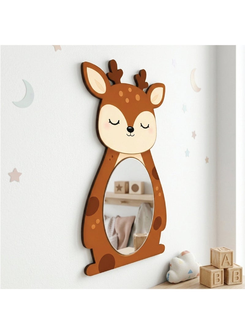 A unisex children's wall mirror in the shape of a cartoon deer, made of high-quality wood with a cute design and a modern decorative touch. It is completely safe for young children, unbreakable, lightweight, and easy to install, adding a touch of elegance to a child's room. - Image 1