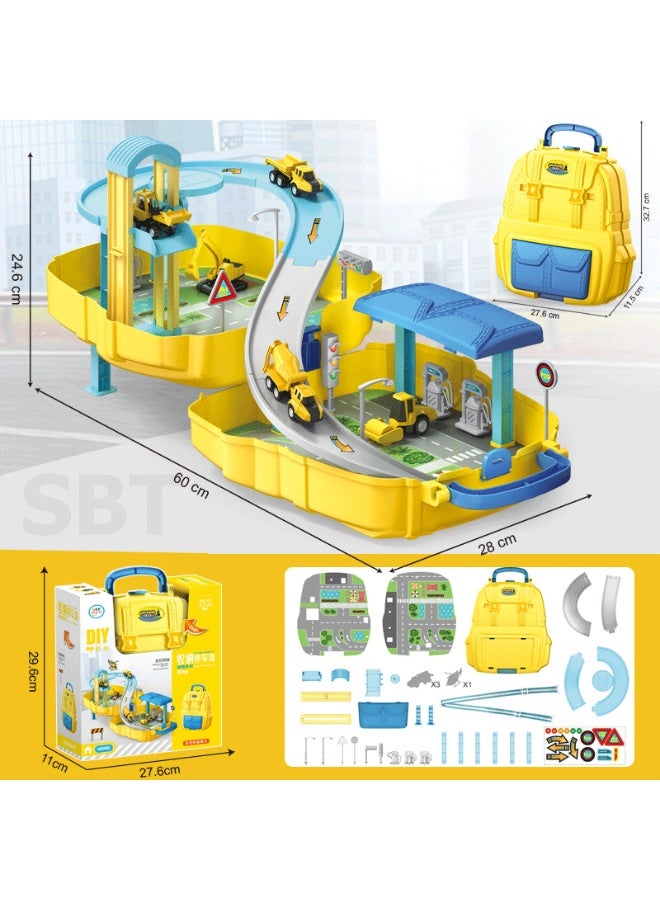 لعبة موقع بناء للأطفال على شكل حقيبة ظهر – مسار سيارات مع منحدرات وآليات هندسية قابلة للتجميع - Image 1