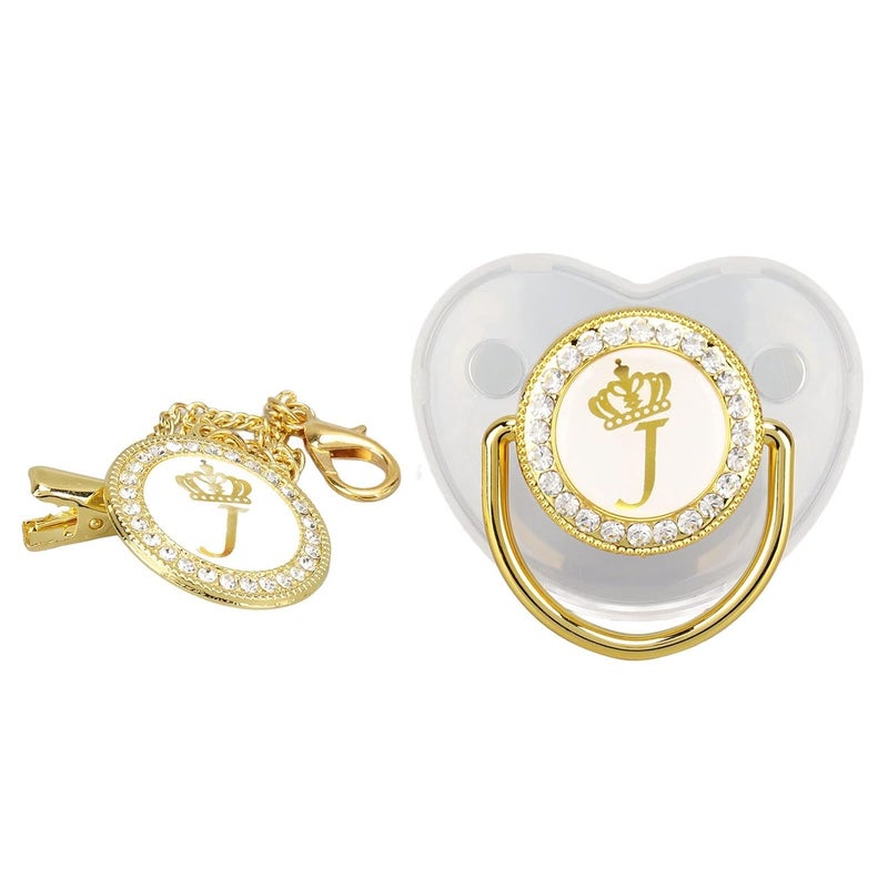 Focket Pacifier Clips Baby Girl 26 Letter Rhinestone Baby Pacifier with Name Initial Letter Curved Bling Pacifier for Girl Newborn Baby Girl Pacifiers Clips Baby Shower Birthday Gifts J - Image 1