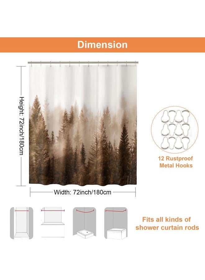 ortigia Brown Misty Forest Shower Curtain for Bathroom, Nature Woodland Shower Curtain Set with Hooks, Decorative Pine Tree Fog Magic Bath Curtain for Home, Waterproof Fabric, Weighted, 72x72 - Image 2