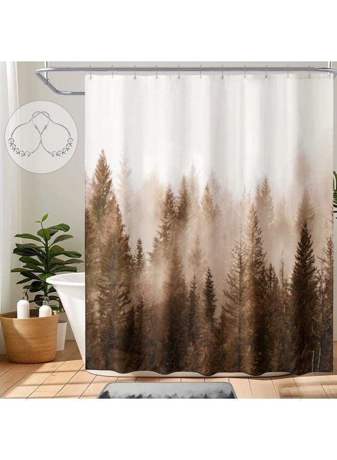 ortigia Brown Misty Forest Shower Curtain for Bathroom, Nature Woodland Shower Curtain Set with Hooks, Decorative Pine Tree Fog Magic Bath Curtain for Home, Waterproof Fabric, Weighted, 72x72 - Image 1