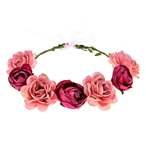 June Bloomy Women Rose Floral Crown Hair Wreath Leave Flower Headband with Adjustable Ribbon (Dusty Pink) - Image 1