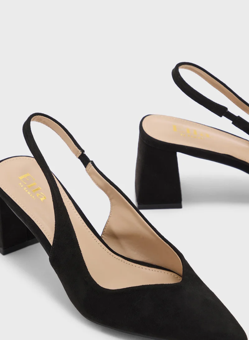ELLA Tapered Block Heel Suede Sling Back Pump