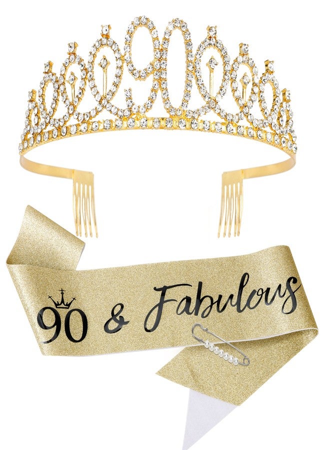 Vovii 90th Birthday Decorations for Women Sparkling 90th Birthday Sash and Tiara Set with Rhinestone 90 and Pearl Pin, Golden Metallic Shine Party Accessories Gift for Women - Image 1