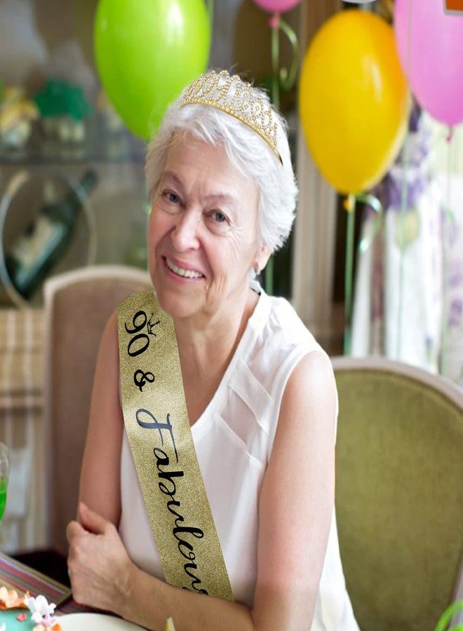 Vovii 90th Birthday Decorations for Women Sparkling 90th Birthday Sash and Tiara Set with Rhinestone 90 and Pearl Pin, Golden Metallic Shine Party Accessories Gift for Women - Image 2