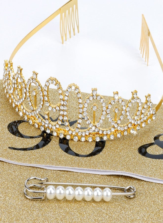 Vovii 90th Birthday Decorations for Women Sparkling 90th Birthday Sash and Tiara Set with Rhinestone 90 and Pearl Pin, Golden Metallic Shine Party Accessories Gift for Women - Image 5