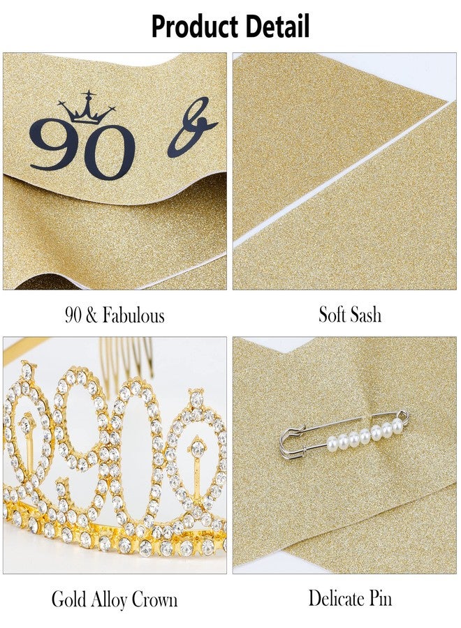 Vovii 90th Birthday Decorations for Women Sparkling 90th Birthday Sash and Tiara Set with Rhinestone 90 and Pearl Pin, Golden Metallic Shine Party Accessories Gift for Women - Image 4