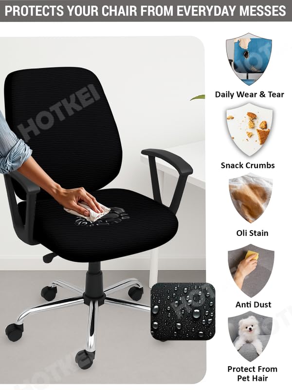 HOTKEI Black Dry Fit Office Chair Cover Set of 1 Water Resistant Seat Chair Covers 220GSM Fabric Stretchable Rotating Computer Chair Slipcovers Protector High Chair Cover for Office Desk Chair 2 Pcs - Image 3