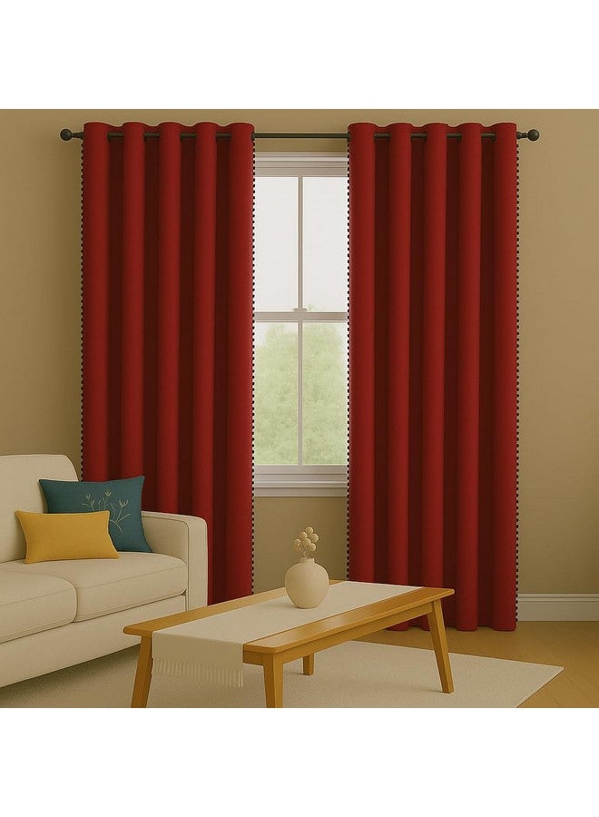 STITCHNEST Premium Velvet Semi Blackout Curtains with Pom Pom - Pack of 2 Window Curtains, Elegant Maroon Color for Bedroom & Living Room (Size: 5ft) - Image 1