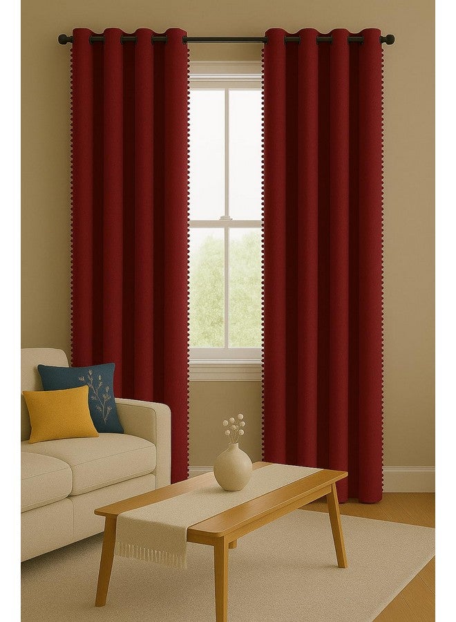 STITCHNEST Premium Velvet Semi Blackout Curtains with Pom Pom - Pack of 2 Window Curtains, Elegant Maroon Color for Bedroom & Living Room (Size: 5ft) - Image 2